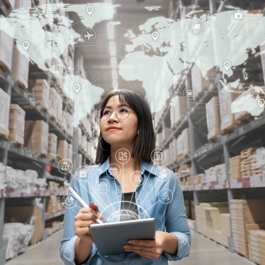 Woman managing global supply chain logistics.